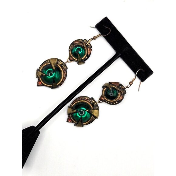 Vintage Dangling Green Glass and Paste Gold tone hook earrings 3" long rare - Picture 5 of 7